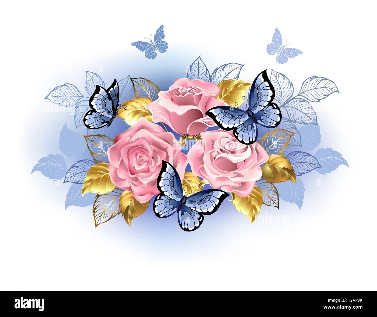 Tre rose rosa con blu e oro foglie con farfalle blu seduta su di loro su sfondo bianco. Quarzo rosa e serenità. Illustrazione Vettoriale