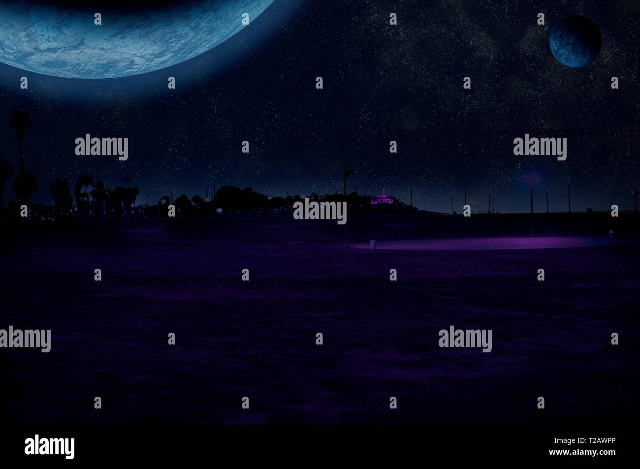 Migliorate digitalmente immagine di un alieno paesaggio con una grande pianeta e luna Foto Stock