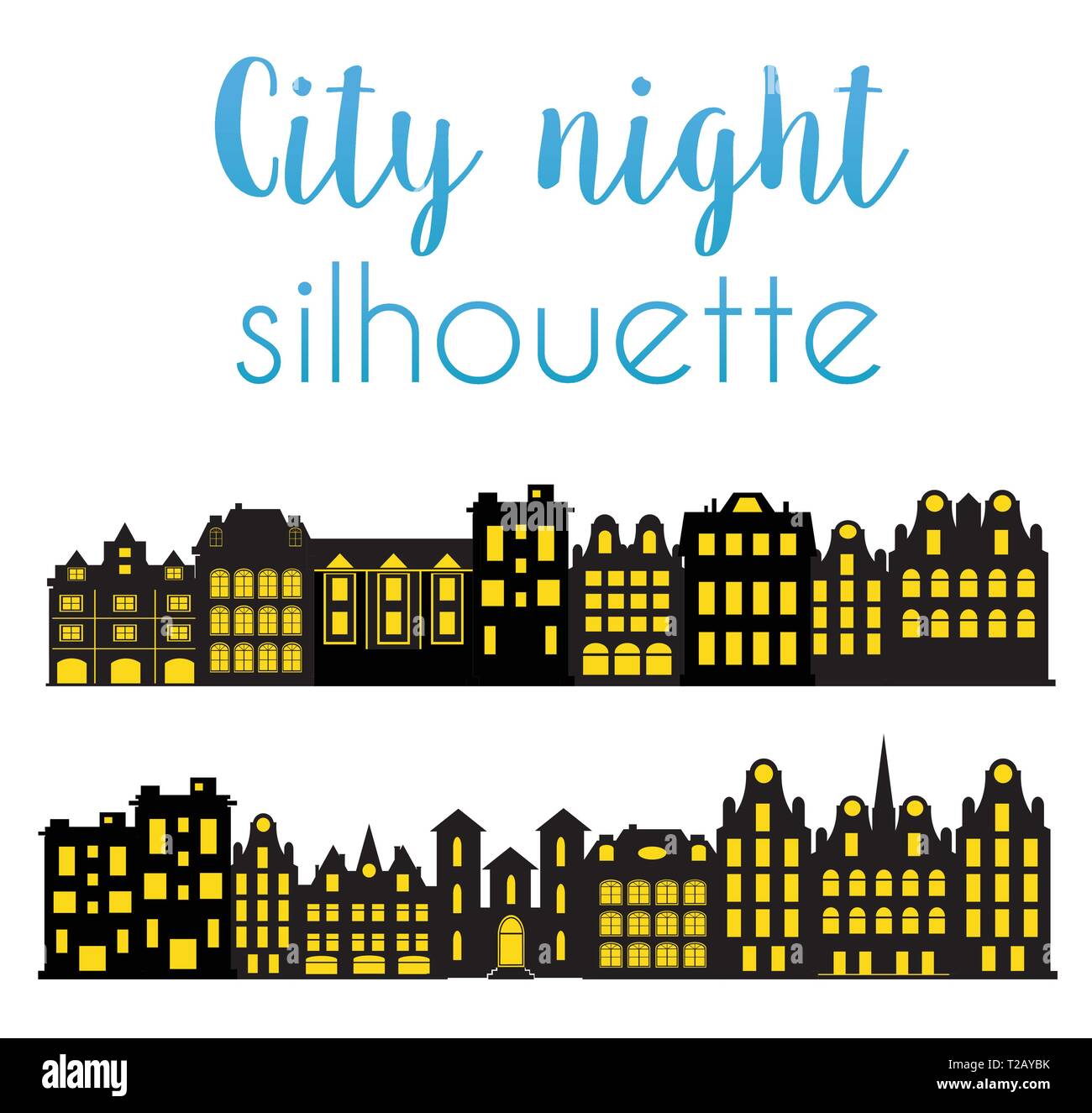 La notte la silhouette della città con le case e le finestre. Illustrazione Vettoriale