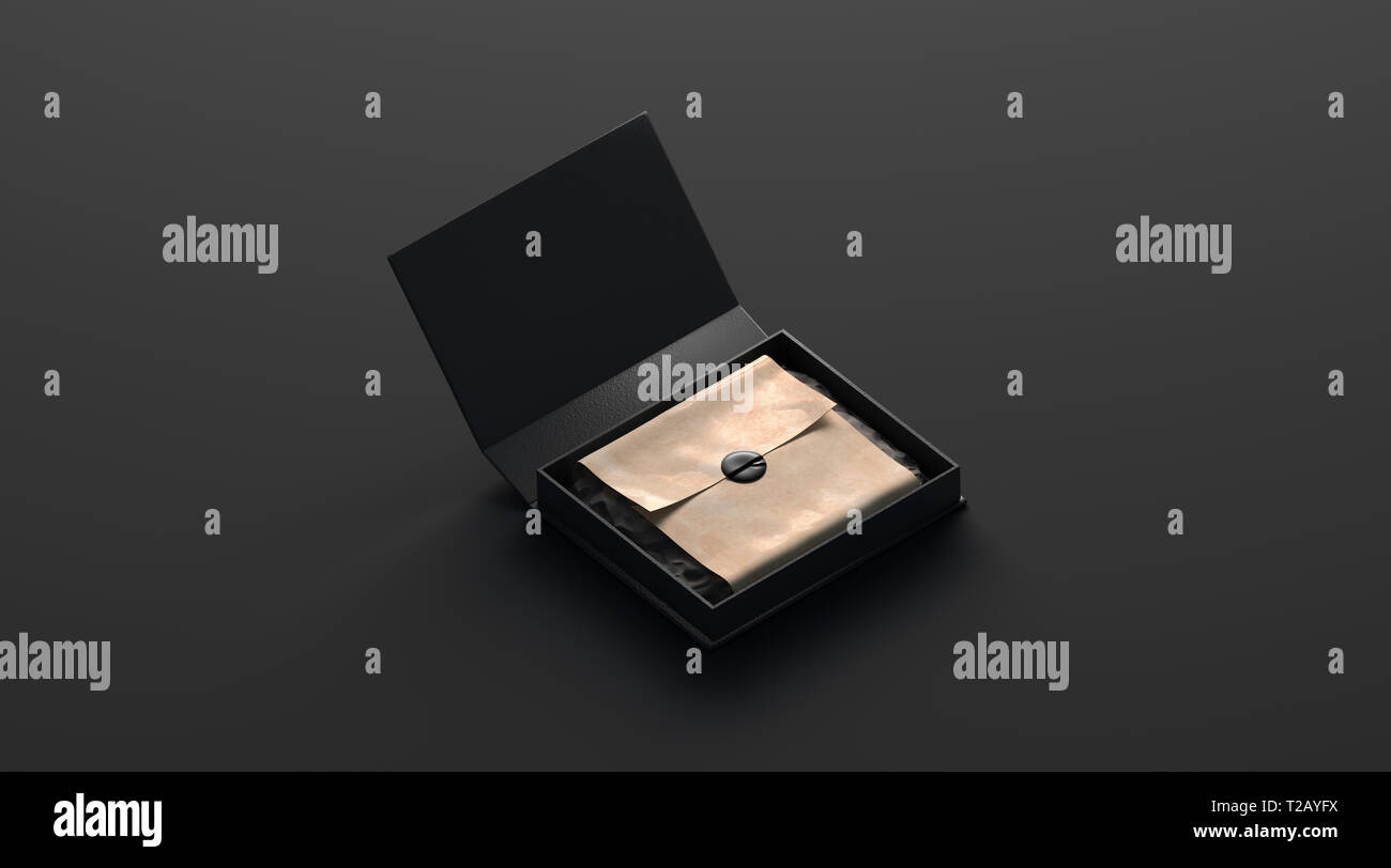 Fustellato di scatola nera con dono mockup con adesivo isolato su sfondo scuro, rendering 3d. Svuotare il pacchetto prodotto mock up, vista laterale. Cancellare la carta di avvolgimento per abbigliamento modello. Foto Stock