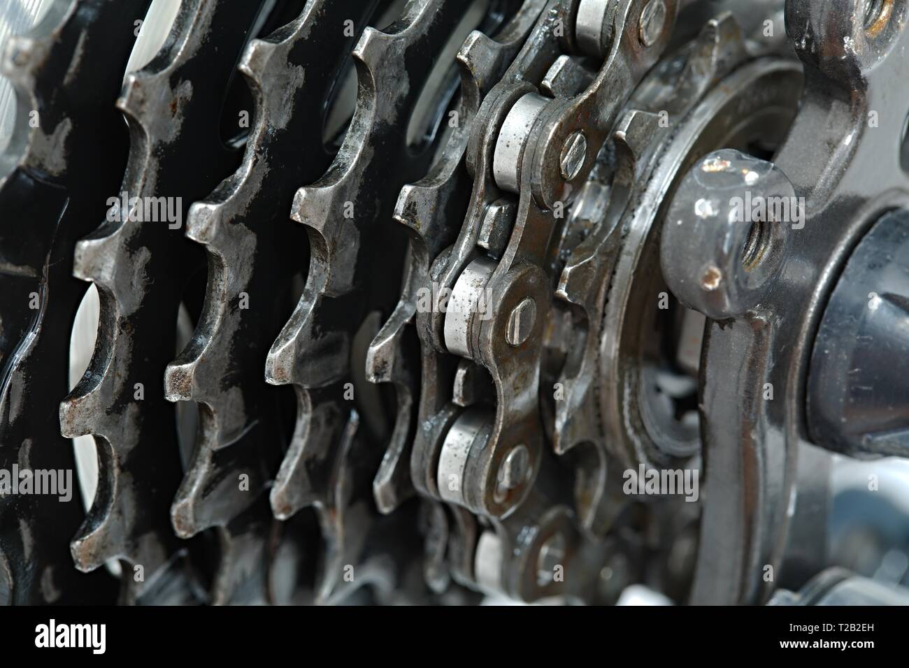 La serie di ingranaggi di una bicicletta Foto Stock