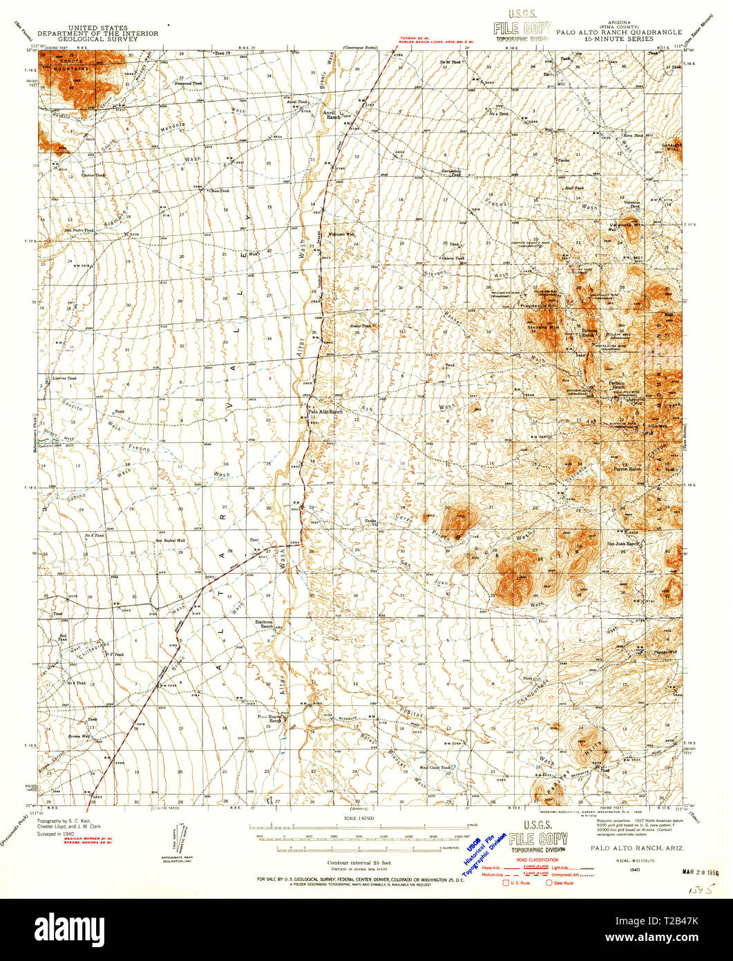 USGS TOPO Map Arizona AZ Palo Alto Ranch 314867 1940 62500 Restauro Foto Stock