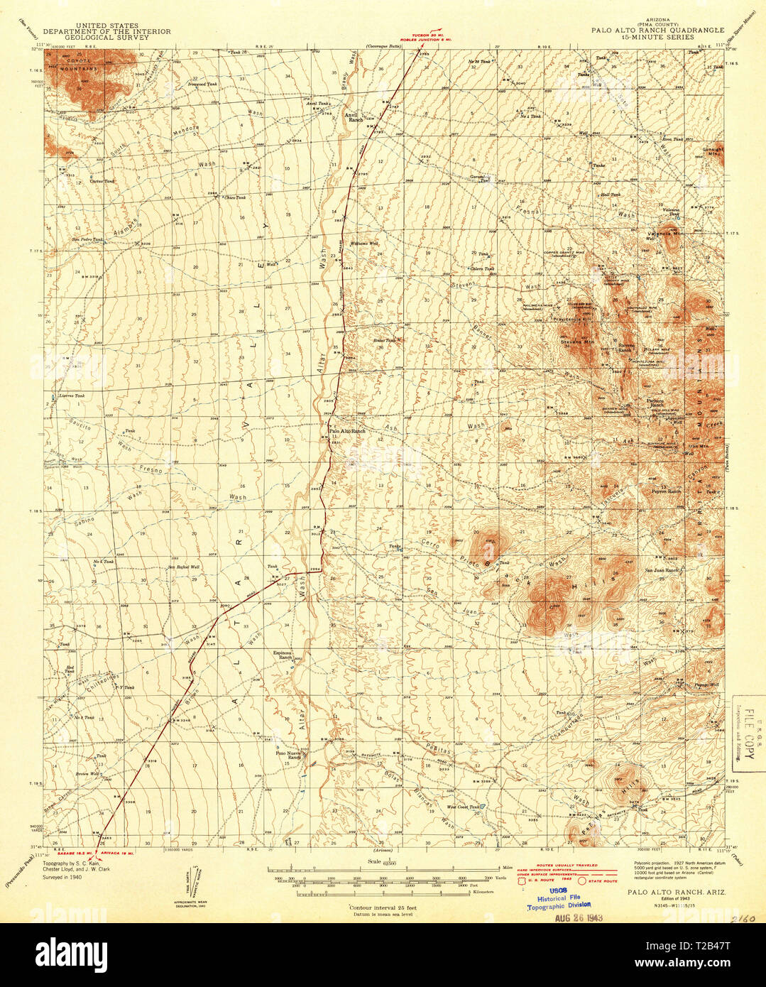 USGS TOPO Map Arizona AZ Palo Alto Ranch 314868 1943 62500 Restauro Foto Stock