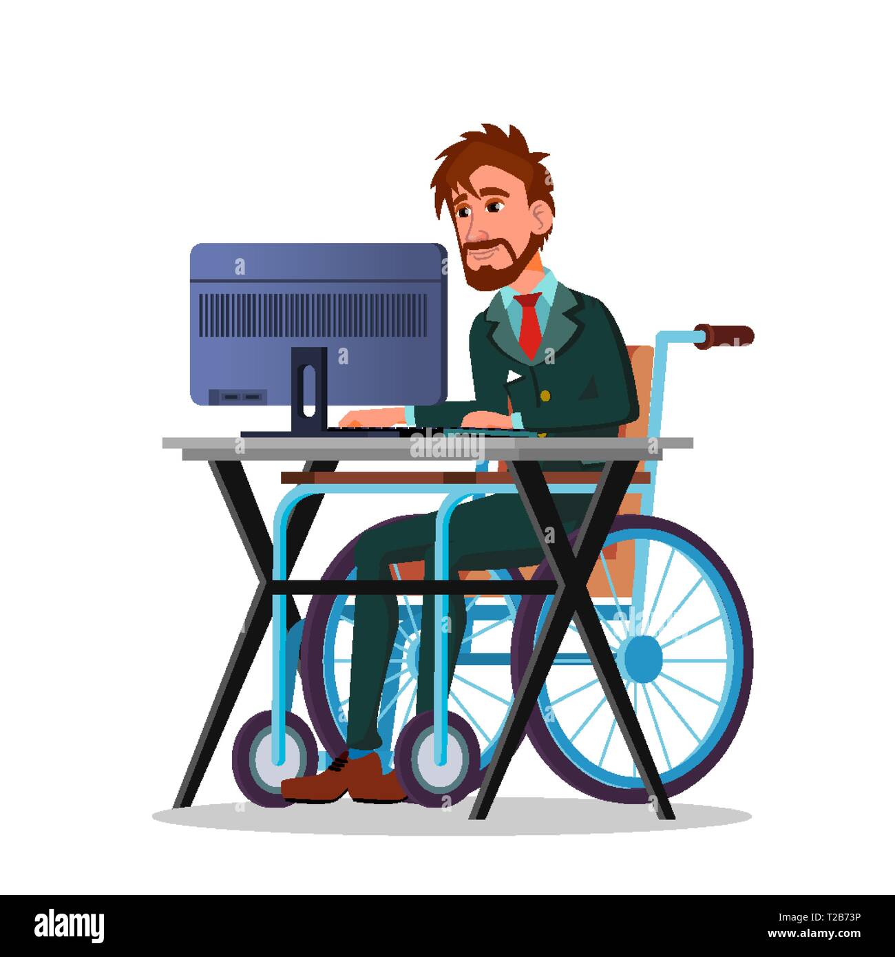 Imprenditore in una sedia a rotelle lavorando dietro un vettore portatile piatto illustrazione Cartoon Illustrazione Vettoriale