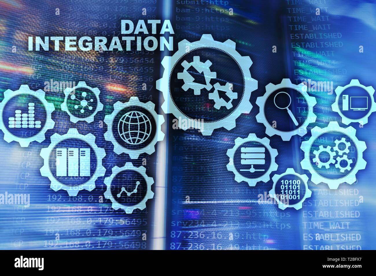 Integrazione dei dati di Business Information Technology concetto sulla sala server sfondo. Foto Stock