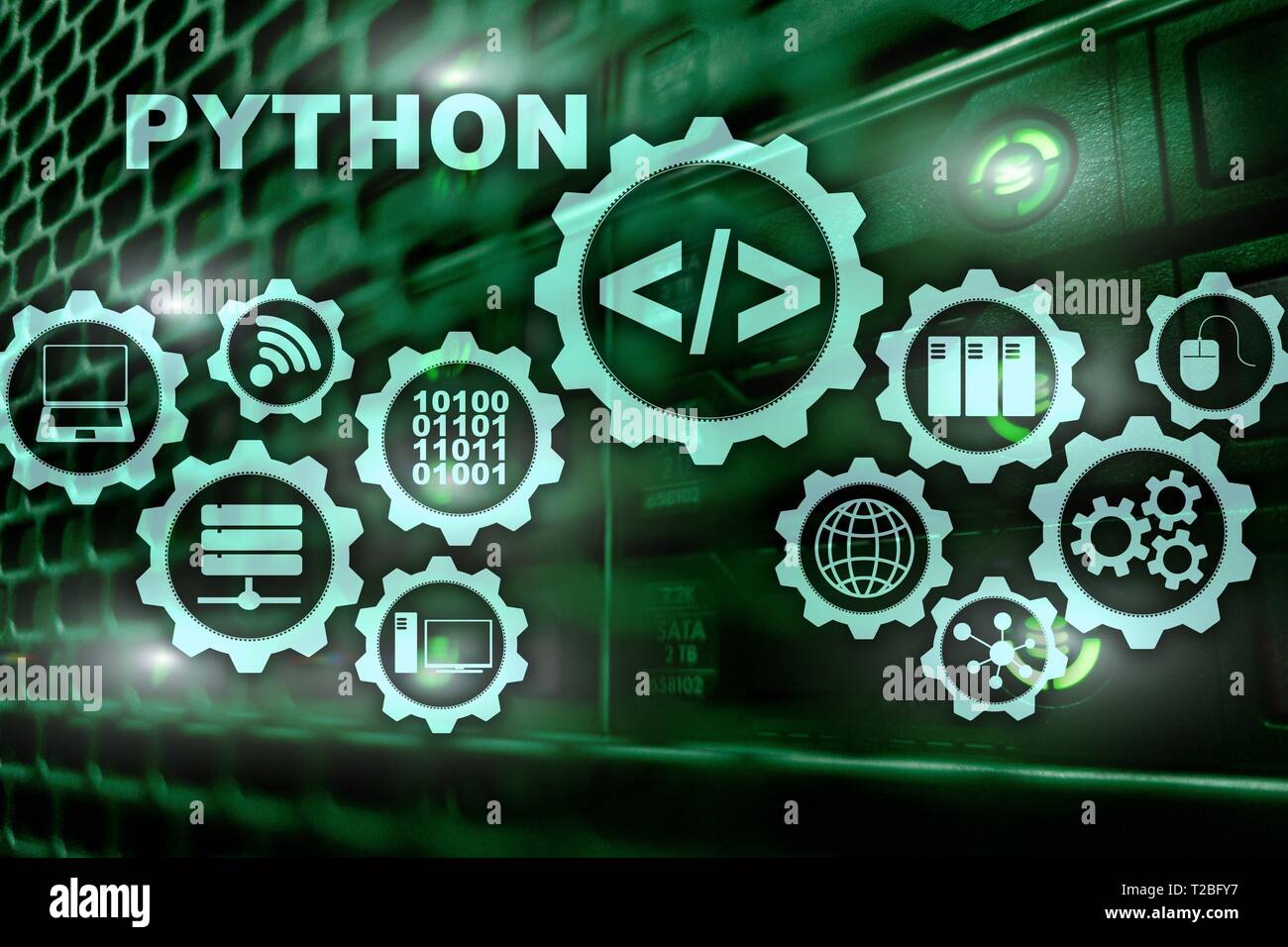Linguaggio Python sulla sala server sfondo. Flusso di lavoro di programmazione algoritmo astratto concetto su schermo virtuale Foto Stock