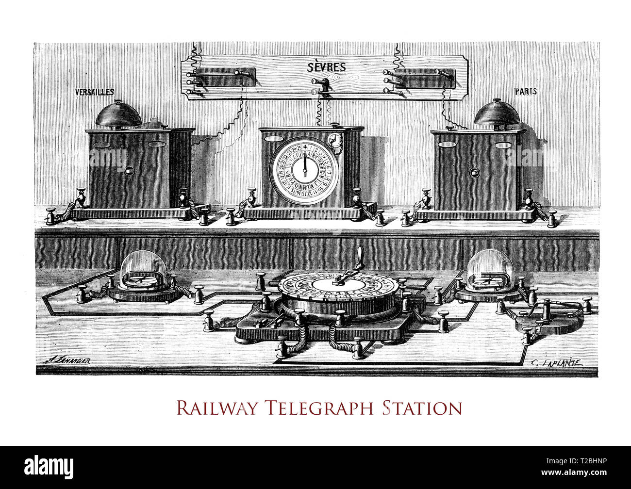 Incisione Vintage metà '800: ferrovia Morse telegraph station con la linea del trasmettitore e del ricevitore Foto Stock