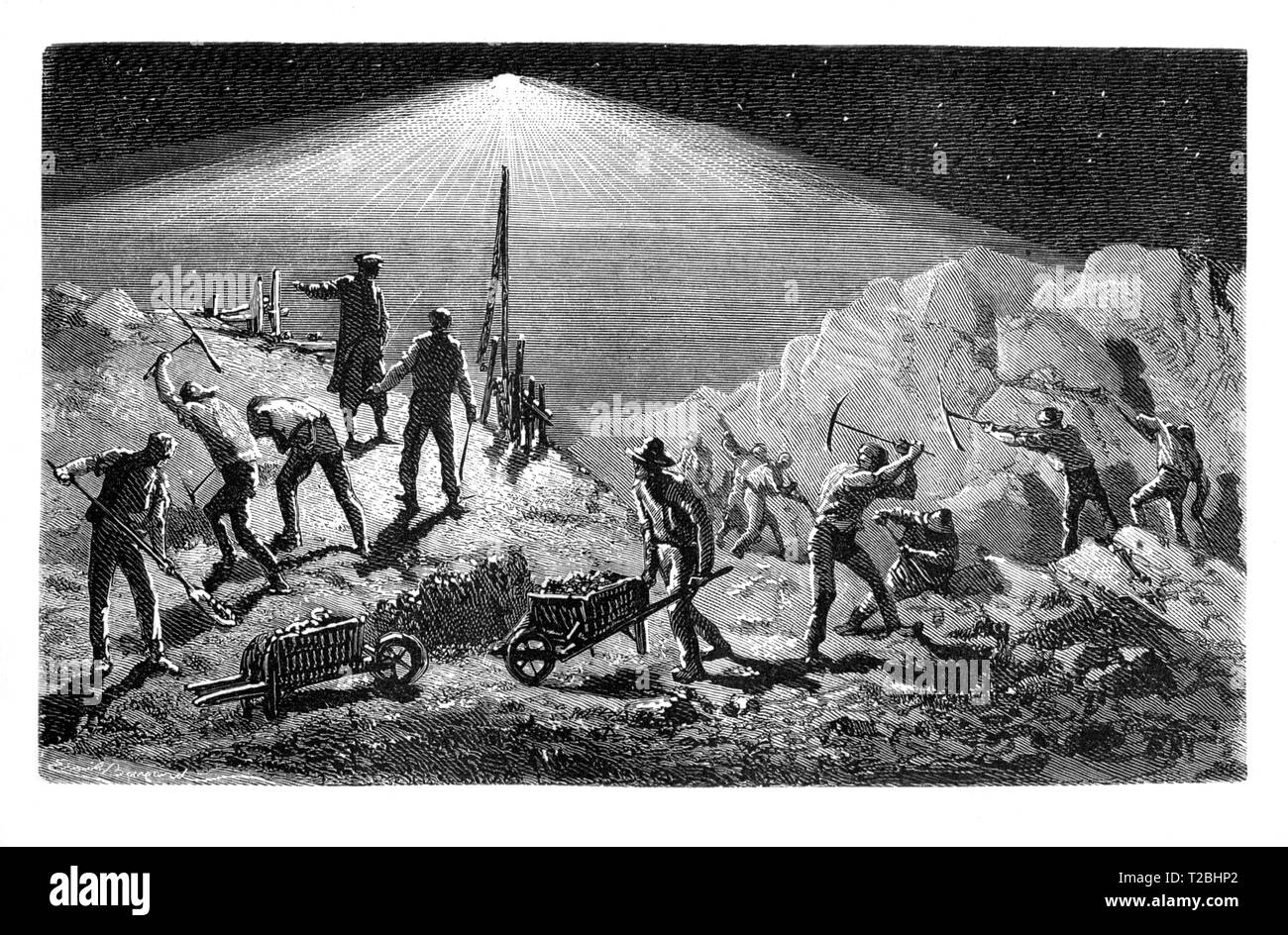 Iillustration da metà '800: i lavoratori sono in grado di fare il loro lavoro di notte con illuminazione elettrica Foto Stock