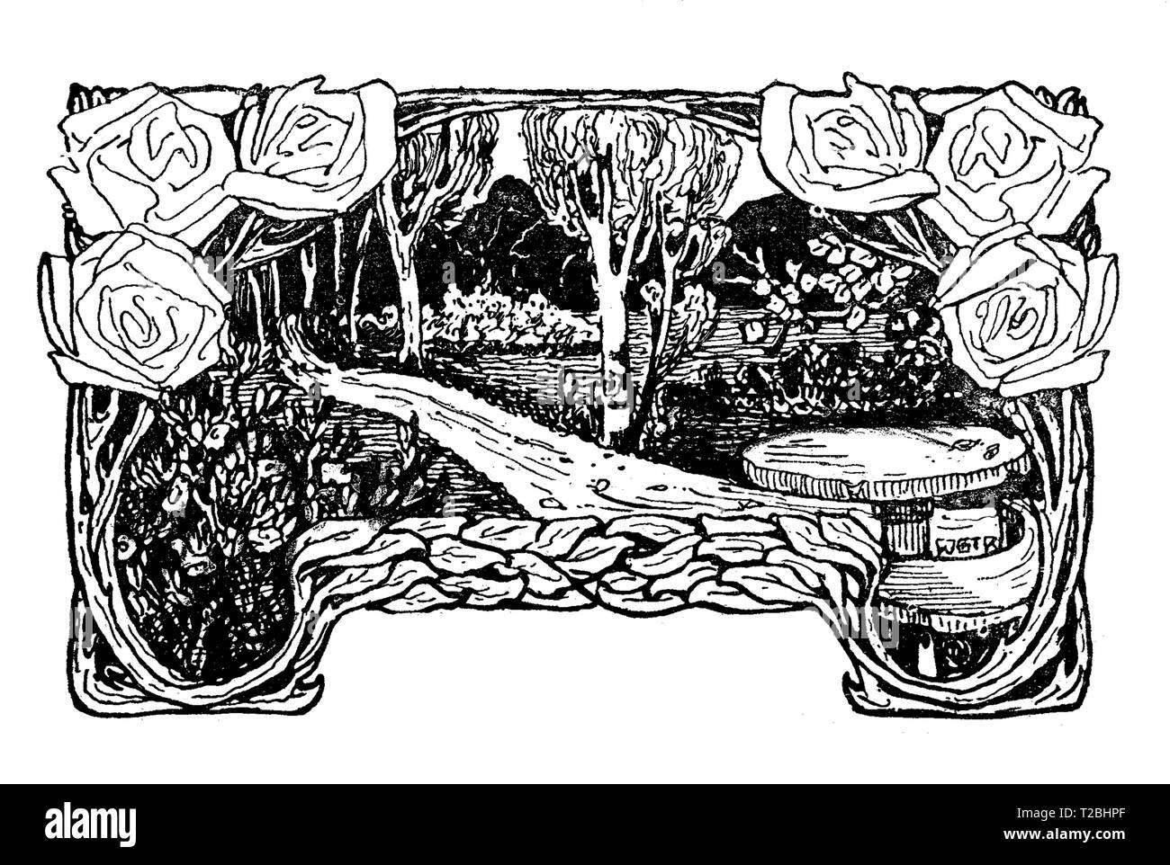 Splendido art deco etichetta come capitolo tipografici decorazione con una vista sul giardino incorniciato da rose Foto Stock