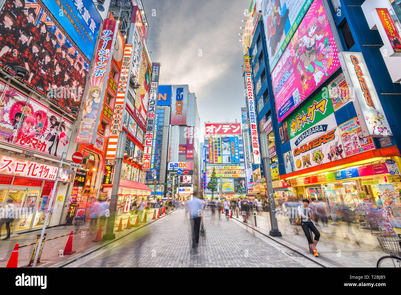 TOKYO, Giappone - 1 agosto 2015: folle passano sotto i segni colorati in Akihabara. Lo storico quartiere di elettronica si è evoluta in una zona dello shopping per v Foto Stock