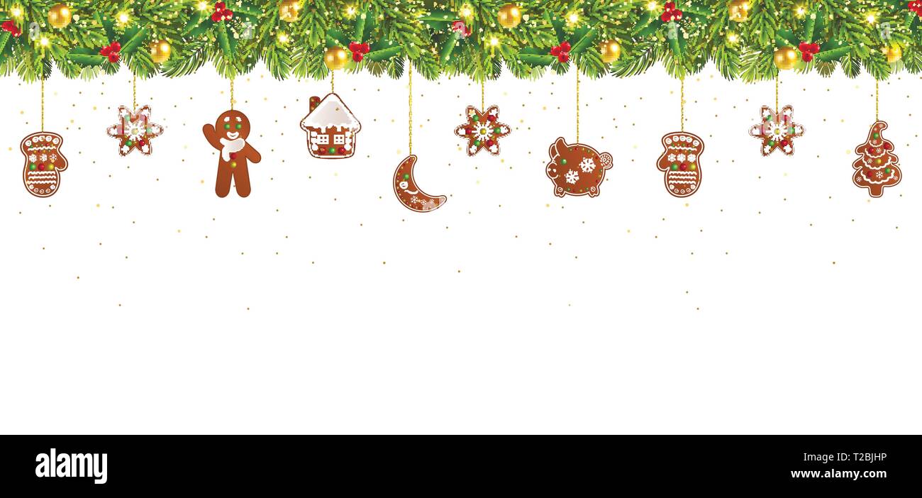 Banner di natale con una ghirlanda di Natale e gingerbread su sfondo bianco Illustrazione Vettoriale