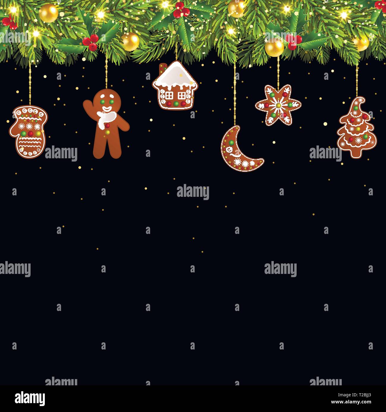 Albero di Natale la ghirlanda di Natale gingerbread su sfondo nero Illustrazione Vettoriale