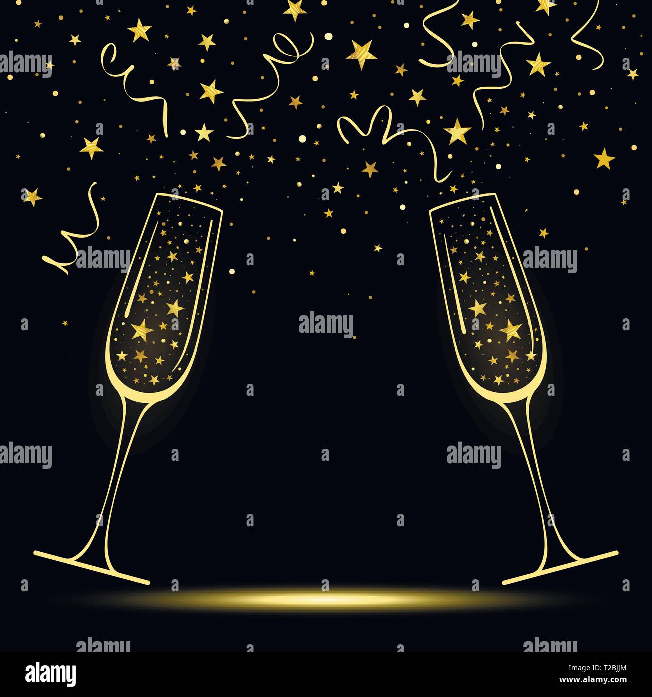 Banner di congratulazioni con stilizzata in bicchieri di champagne con i confetti da stelle dorate su sfondo nero Illustrazione Vettoriale