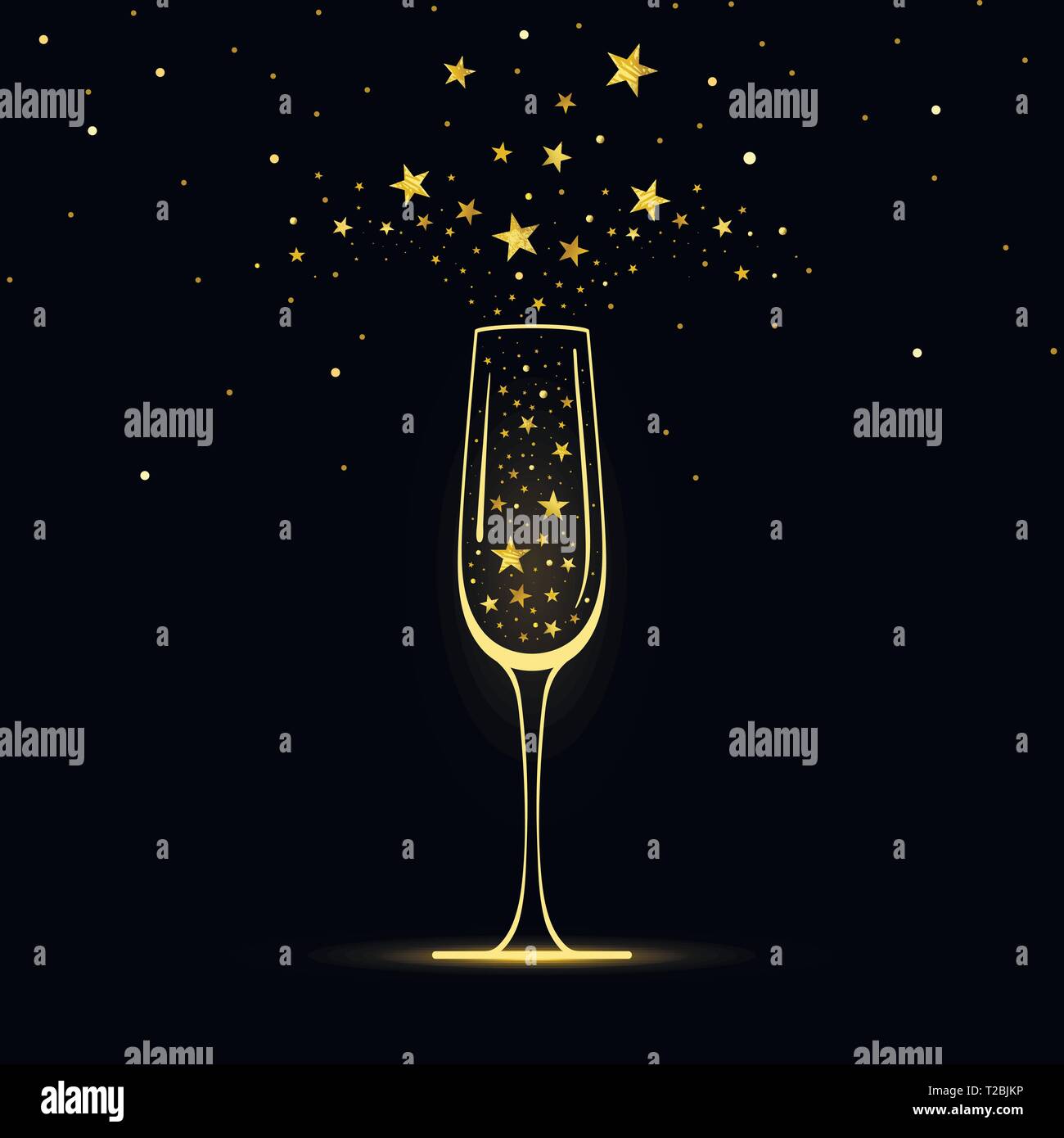 Stilizzato e bicchiere di champagne con coriandoli di stelle dorate su sfondo nero Illustrazione Vettoriale