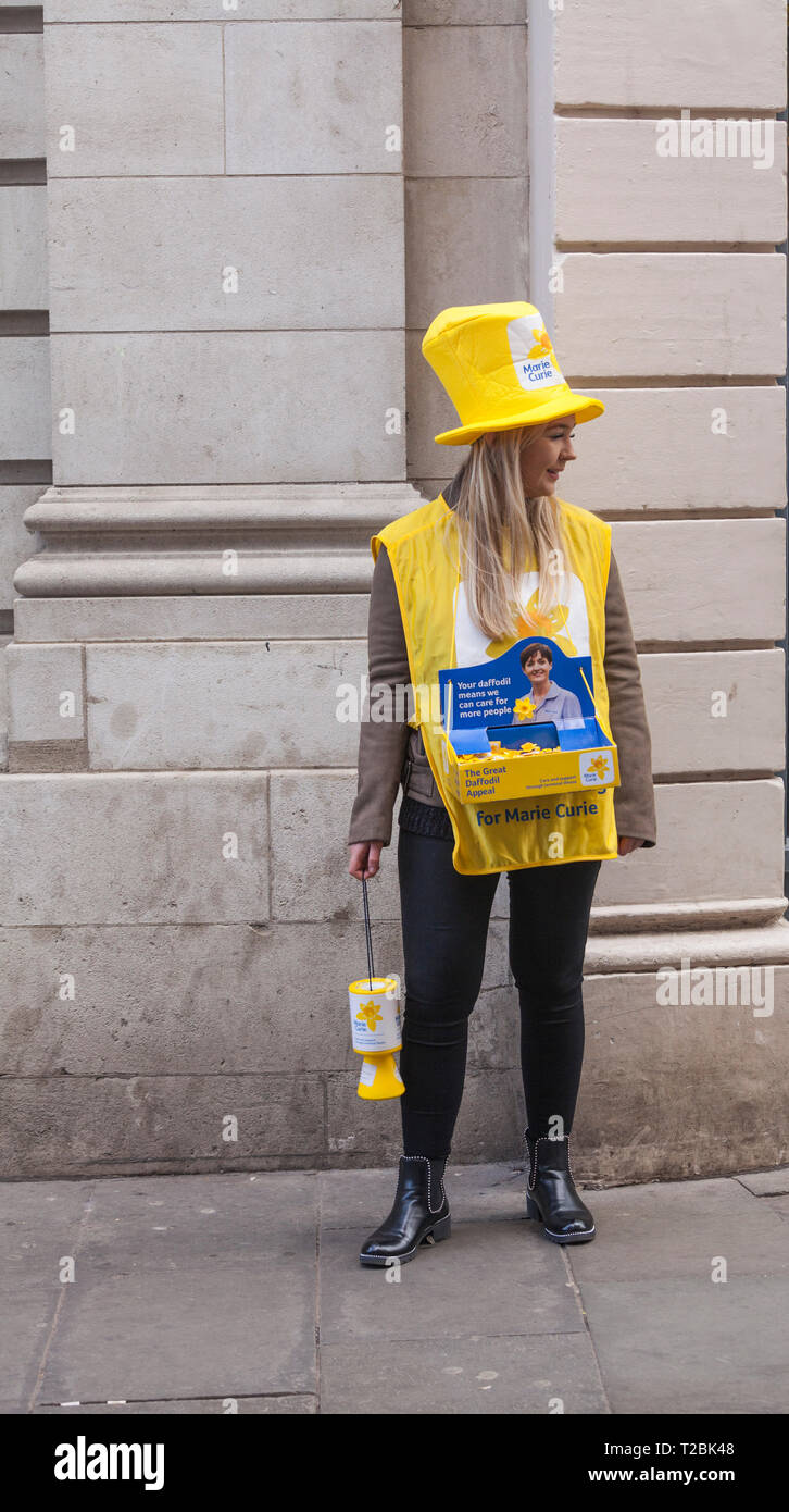 Un giovane volontario femmina vestito con un abito giallo per le borse Marie Curie di ospitalità Daffodil appello a Durham,l'Inghilterra, Regno Unito ,la raccolta per la carità Foto Stock