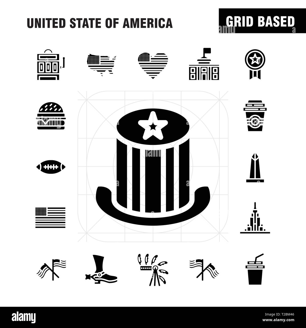 Stati Uniti d'America solido Icona Glyph Pack per i progettisti e gli sviluppatori. Icone della celebrazione, fuochi d'artificio, Party, Giorno, cappello, presidenti, Stati Uniti d'America, sfera, vettore Illustrazione Vettoriale