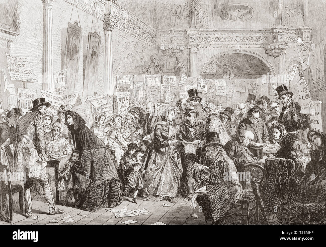 Un bambino orfano elezione al London Tavern di Bishopsgate Street, in Inghilterra nel XIX secolo. Queste elezioni si sono svolte nel mese di maggio e novembre per i bambini i cui genitori erano stati ancora una volta in più circostanze prospera, i bambini sono stati condizionati per l elezione al fine di poter entrare in una varietà di istituzioni caritative. Dopo un dipinto da George Elgar Hicks. Dal Illustrated London News, pubblicato 1865. Foto Stock