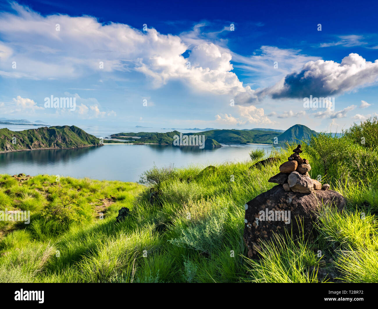 Torre di pietra, roccia scultura zen nella naturale e armonia scenario delle verdi colline di Padar isola nel Parco Nazionale di Komodo. Foto Stock