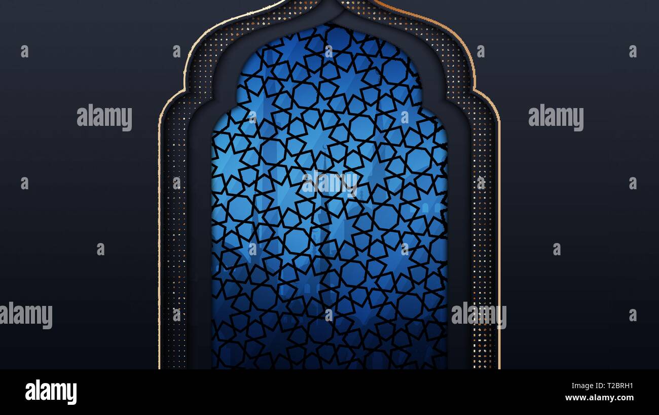 Eid Mubarak poster, un banner o un biglietto di auguri design. Illustrazione Vettoriale di carta tagliato con uno sfondo con silhouette moschea e geometrico ornamento islamico Illustrazione Vettoriale