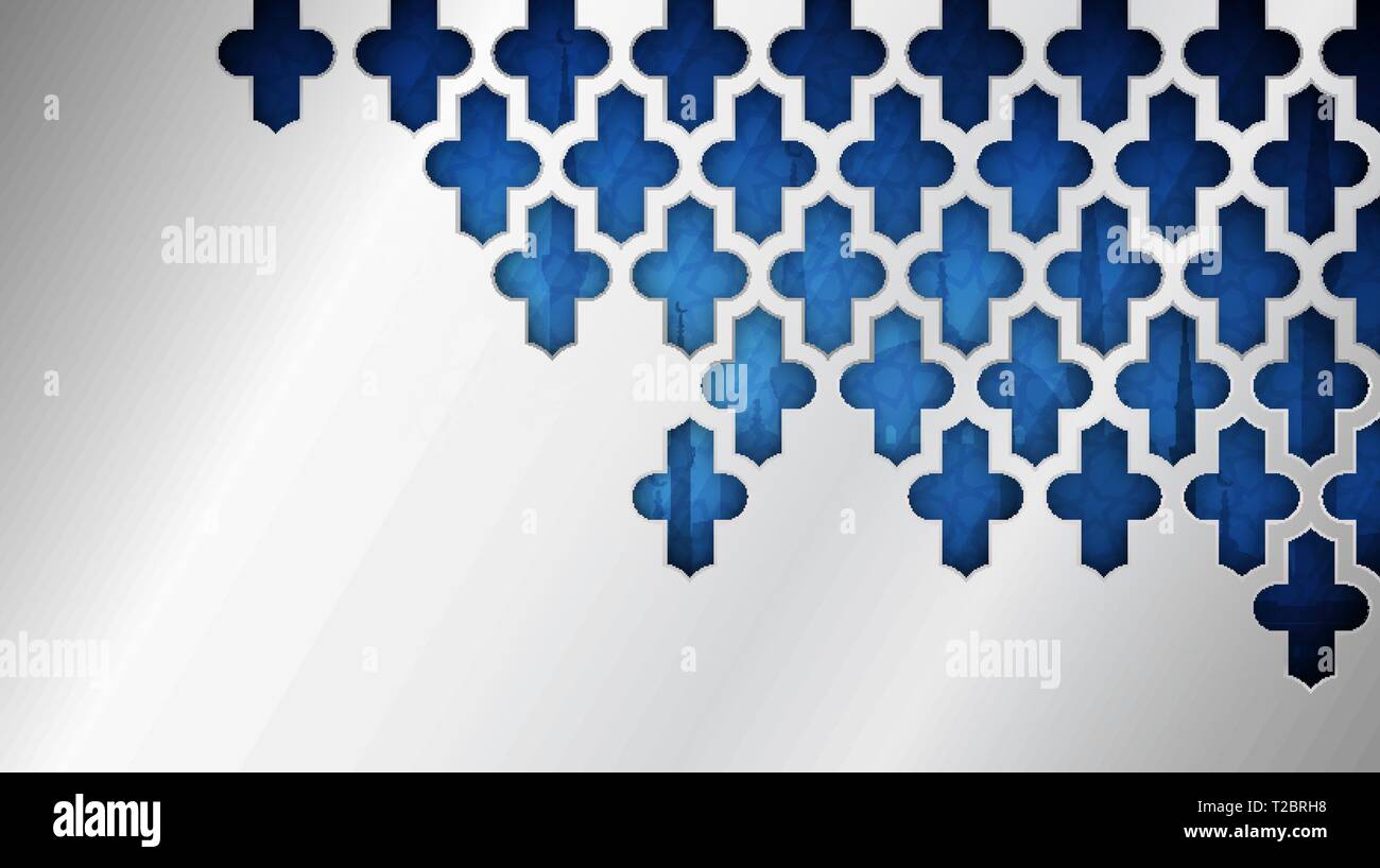 Eid Mubarak poster, un banner o un biglietto di auguri design. Argento gradiente dello sfondo con la silhouette della moschea e geometrico ornamento islamico Illustrazione Vettoriale