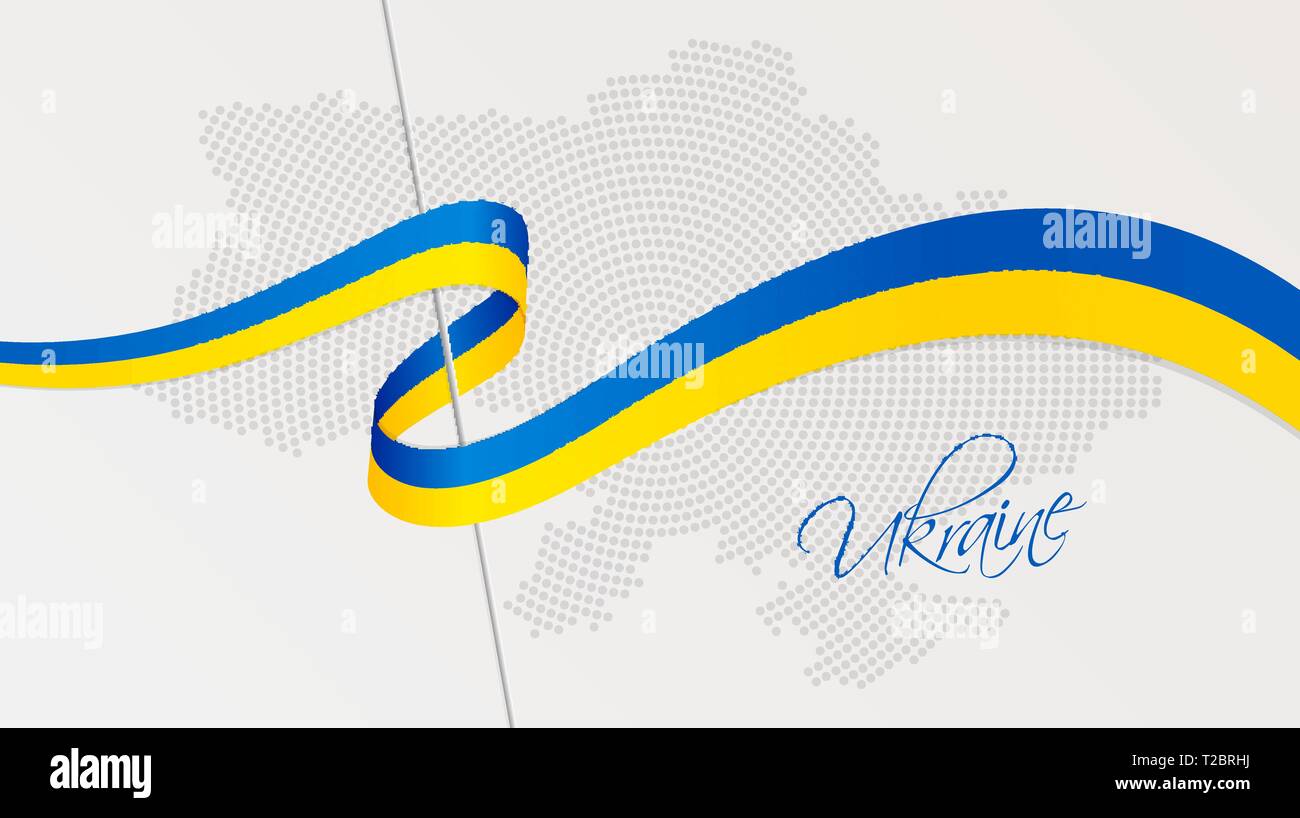 Illustrazione Vettoriale di astratta radiale halftone punteggiata mappa di Ucraina e nastro ondulato con Ucraina bandiera nazionale di colori per il tuo design Illustrazione Vettoriale