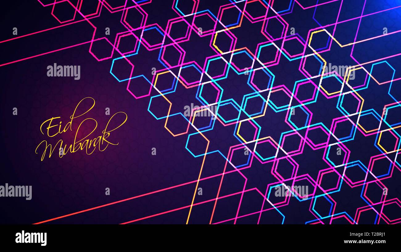 Eid Mubarak poster, un banner o un biglietto di auguri design. Illustrazione Vettoriale di astratta sfondo luminoso con neon incandescente geometrico modello islamico Illustrazione Vettoriale