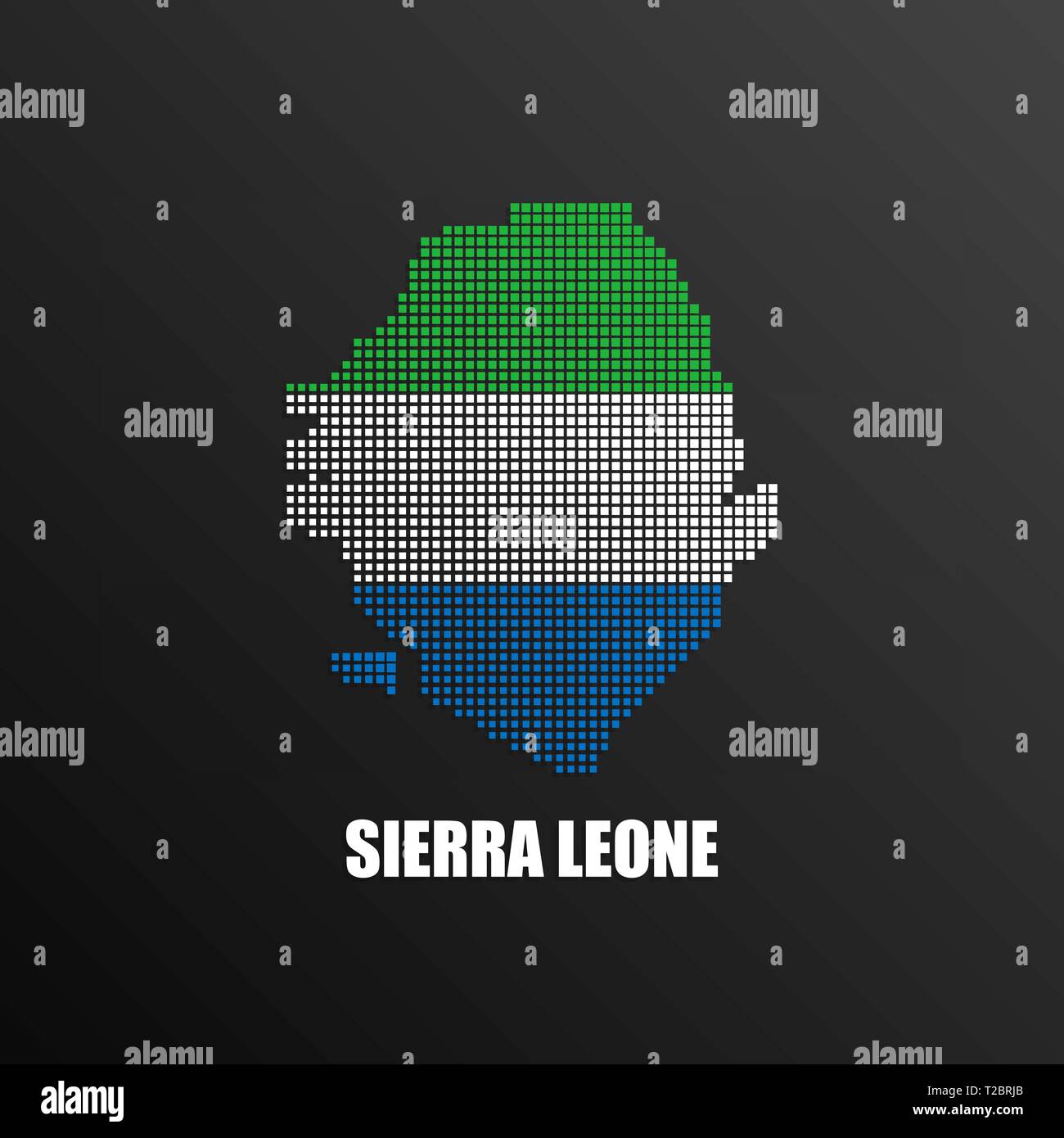 Illustrazione Vettoriale di mezzitoni astratta Mappa di Sierra Leone fatta di pixel quadrati con bandiera nazionale di colori per il tuo design Illustrazione Vettoriale