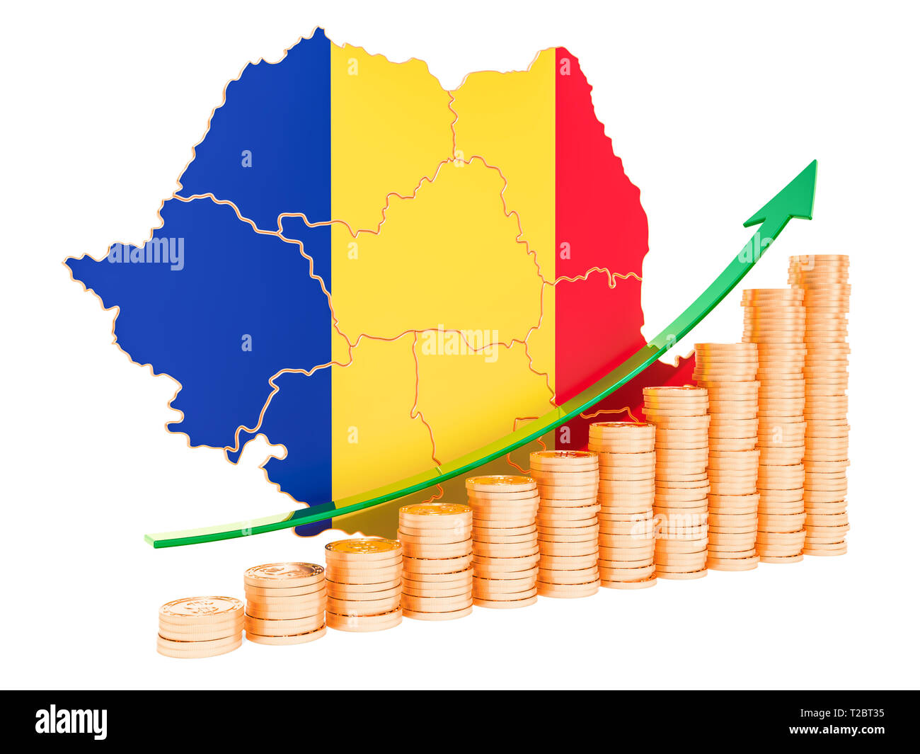 La crescita economica in Romania concetto, 3D rendering isolati su sfondo bianco Foto Stock