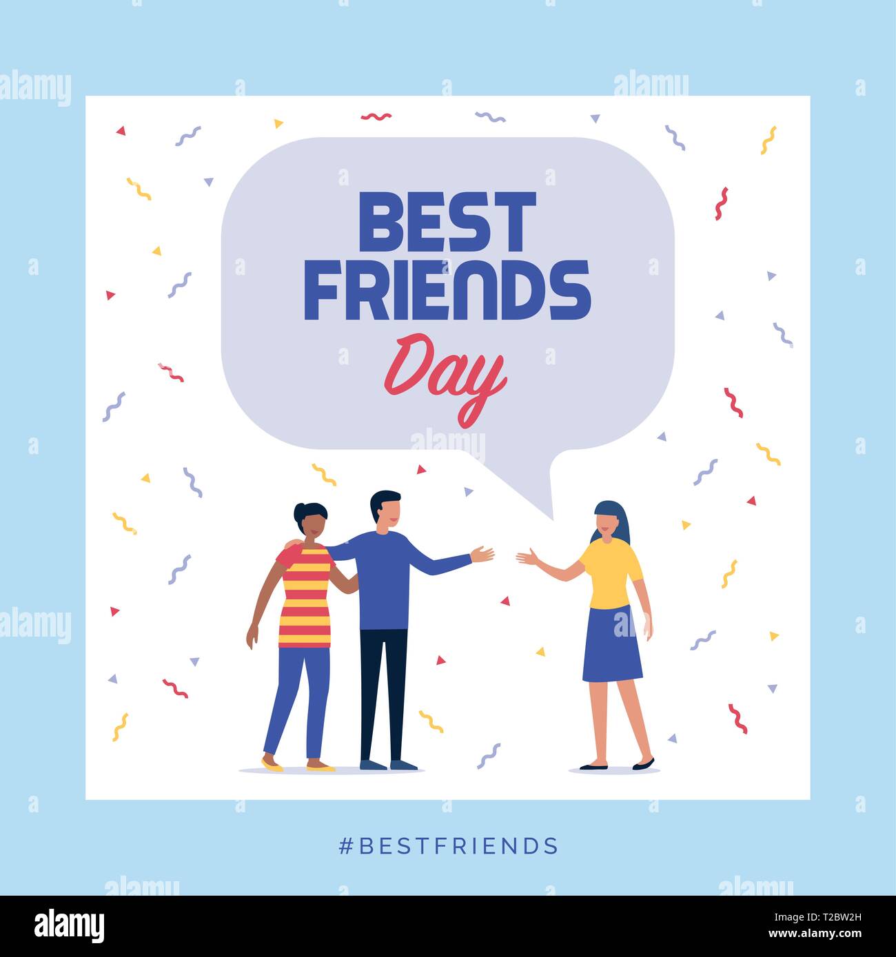 Migliori amici giorno social media post con persone celebrando insieme Illustrazione Vettoriale