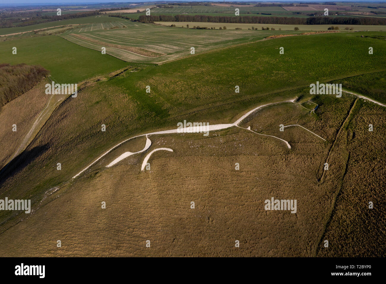 Uffington White Horse dall'aria con un drone Uffington,Oxfordshire,l'Inghilterra,UK Foto Stock