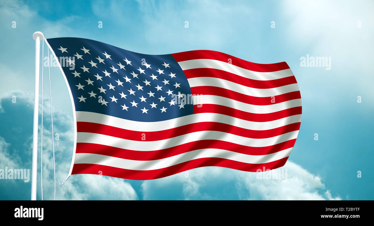 Stati Uniti d'America bandiera nazionale al blue sky nuvole. Stati Uniti d'America.a stelle e strisce. Patriottica concetto usa Foto Stock