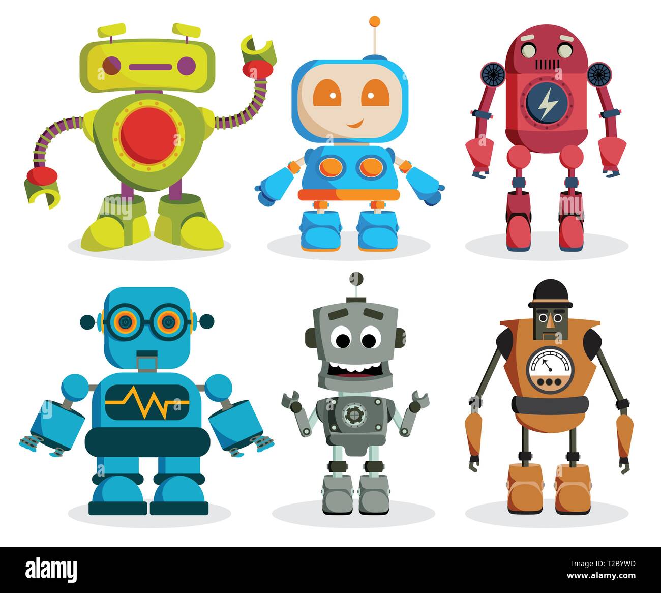 Robot vettore di giocattoli di set di caratteri. Bambini coloratissimi robot elementi con facce amichevoli isolato in uno sfondo bianco. Illustrazione Vettoriale Immagine e Vettoriale Alamy