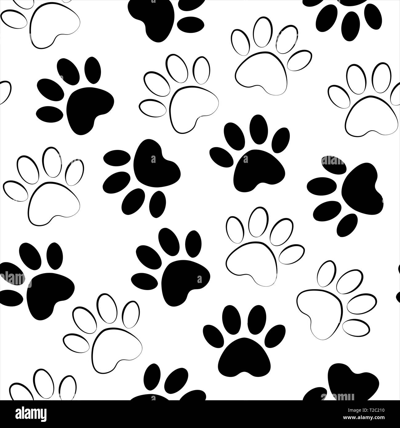 Sfondo con sagome di gatto o cane footprint. Illustrazione Vettoriale zampa animale via pattern. Paw stampa nera senza cuciture. Illustrazione Vettoriale