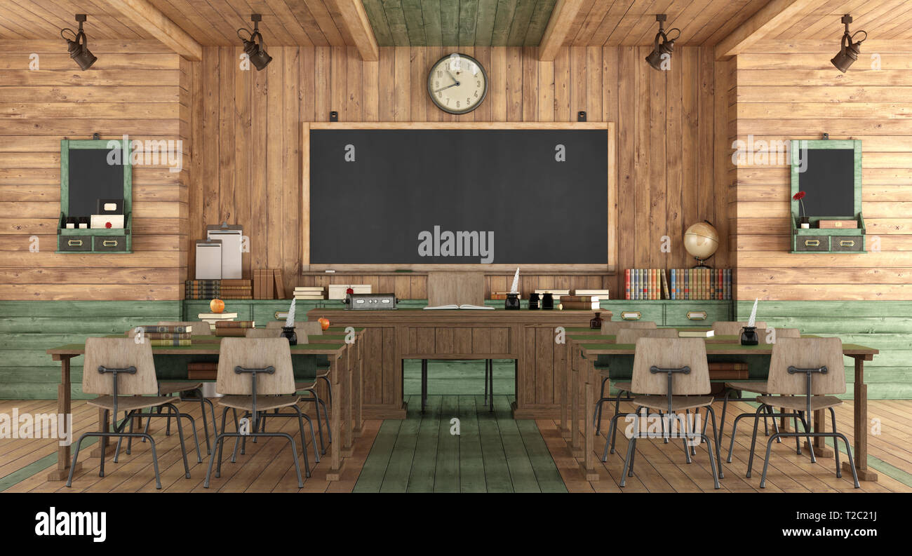 In aula in legno in stile retrò con banco di scuola senza studente - 3d rendering Foto Stock