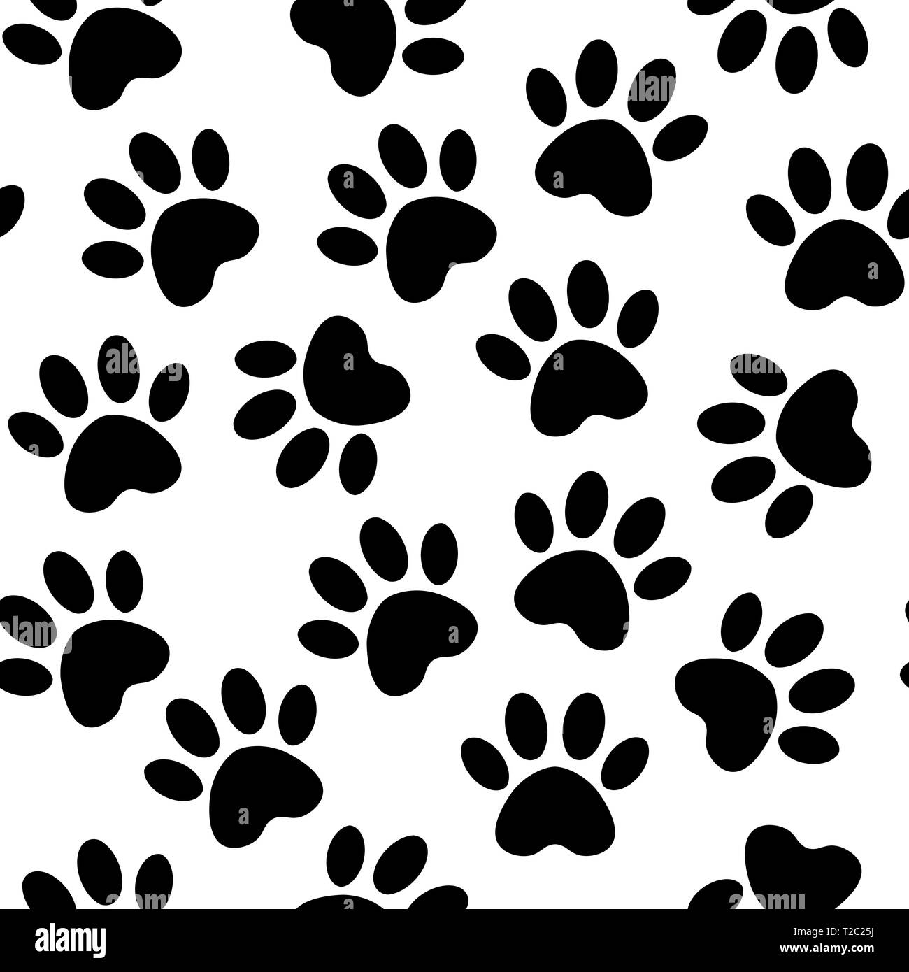 Sfondo con sagome di gatto o cane footprint. Illustrazione Vettoriale zampa animale via pattern. Paw stampa nera senza cuciture. Illustrazione Vettoriale
