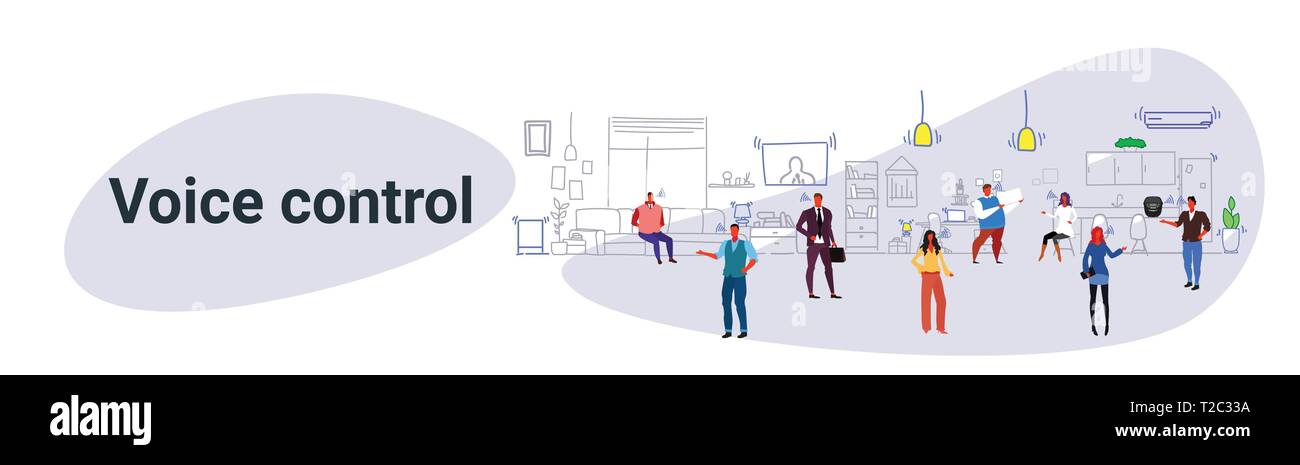 Persone il controllo di dispositivi digitali home network parlando di smart speaker personale assistente virtuale di controllo vocale di riconoscimento del comando concetto moderno Illustrazione Vettoriale