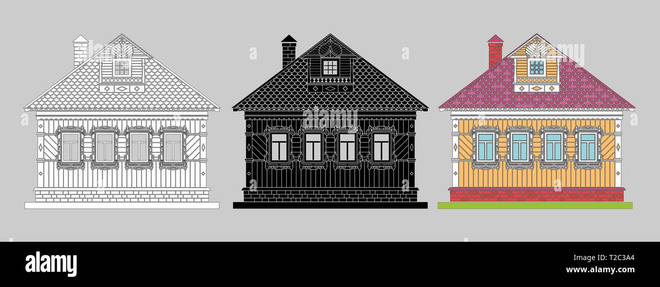 Il russo tradizionale a due piani casa in legno. Le finestre e i dettagli sono decorate con sculture. Vector . Nero, bianco e nero, colorato di silhouette. Illustrazione Vettoriale