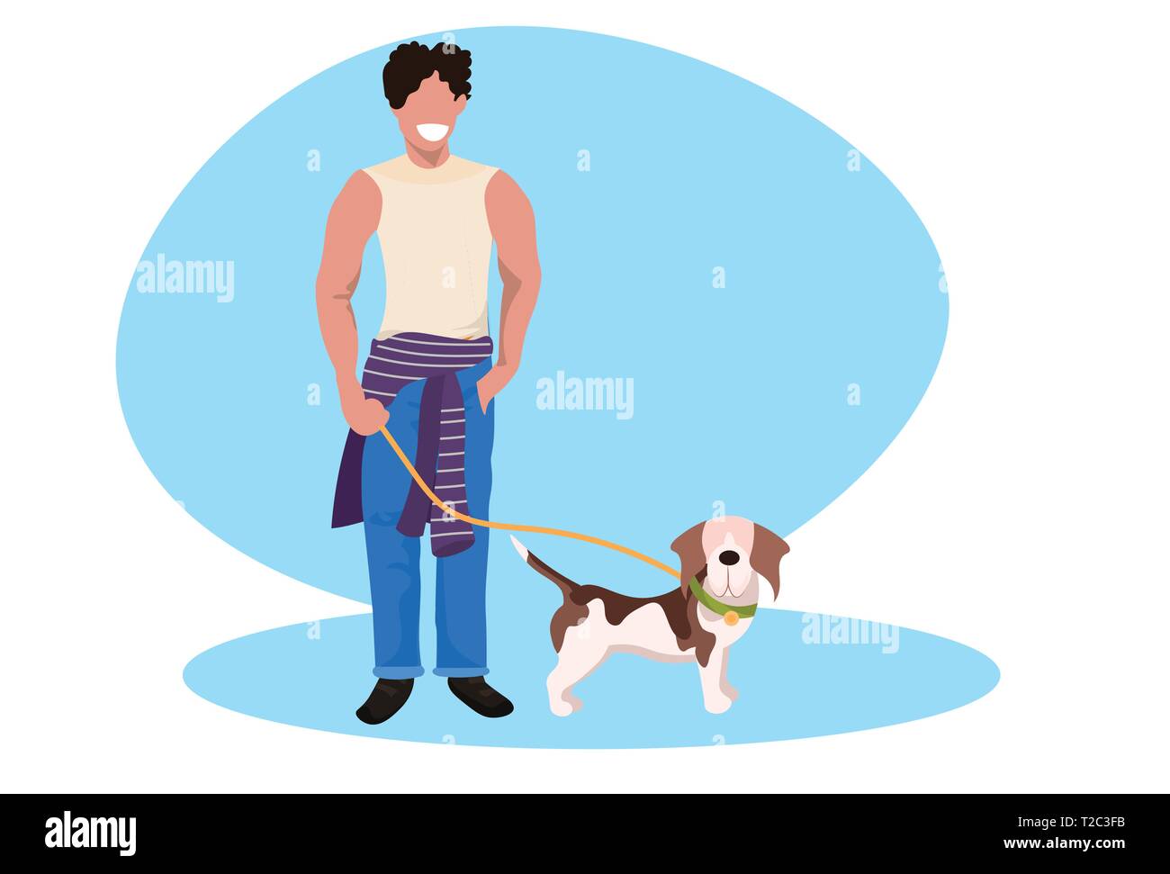 Uomo felice passeggiate con il cane ragazzo con cucciolo avente fun home animali domestici concetto maschio personaggio dei cartoni animati per tutta la lunghezza orizzontale piana Illustrazione Vettoriale