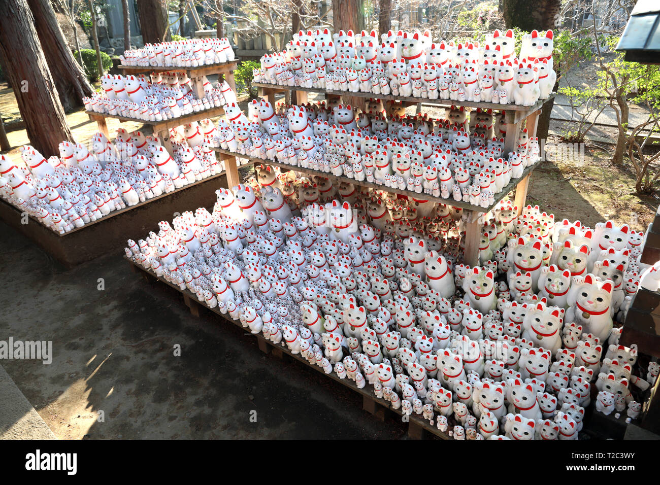 Maneki-Neko sventolando cat statue del tempio Gotokuji nel quartiere Setagaya di Tokyo in Giappone. Secondo la leggenda, questo tempio è il luogo di nascita o Foto Stock