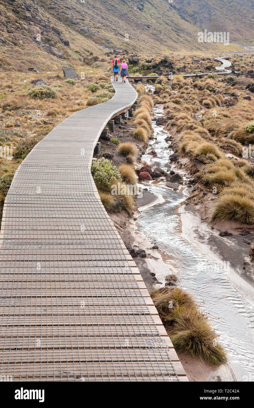 Passerella in legno a Tongariro Alpine Crossing tramping via, una delle più popolari escursioni in giornata in Nuova Zelanda. La via che attraversa il Tongariro National Foto Stock