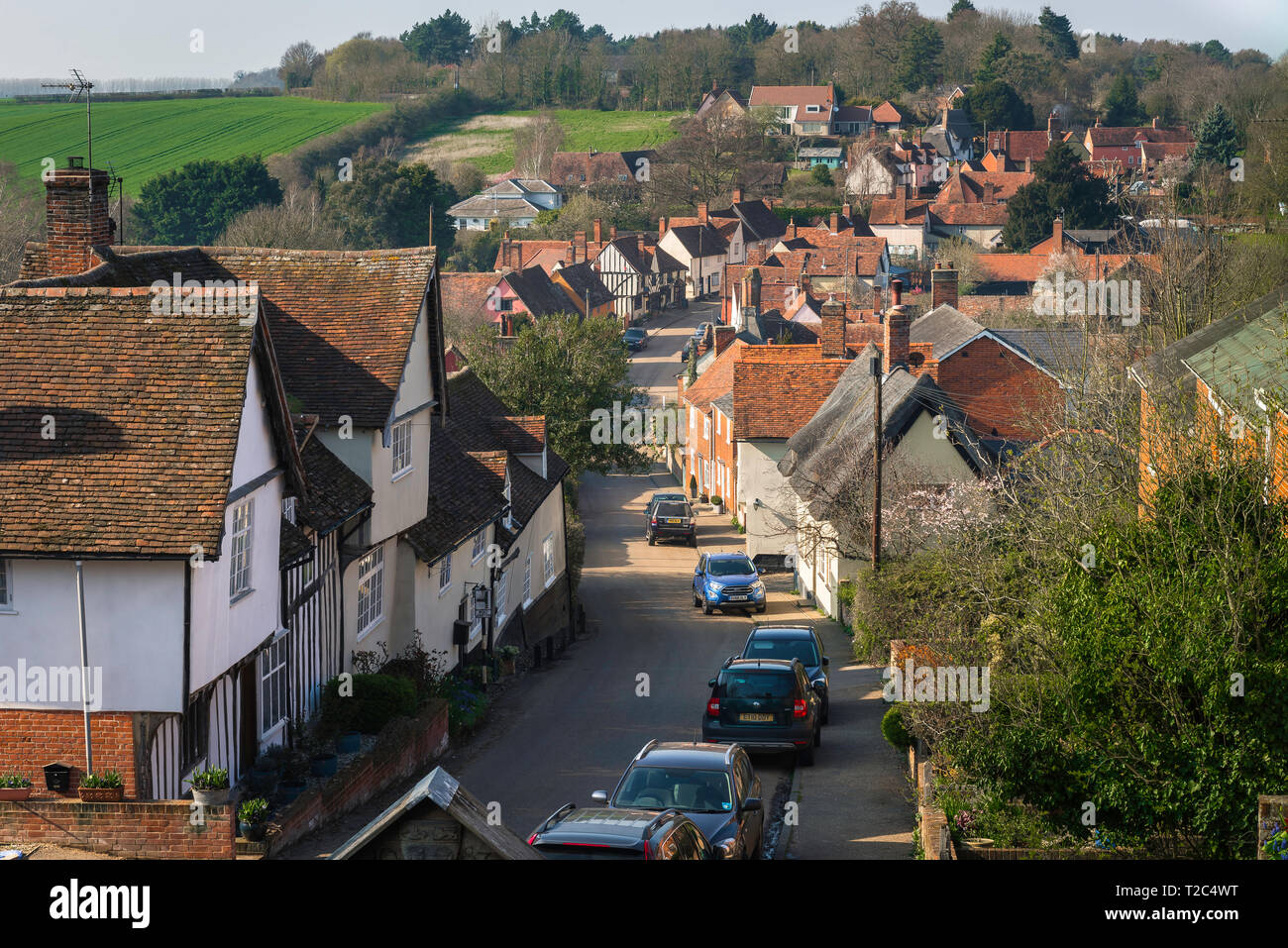 Kersey Suffolk, vista del Suffolk villaggio di Kersey la cui strada principale - La strada - è rivestito con ben conservate case medievali, Suffolk, Inghilterra, Regno Unito Foto Stock