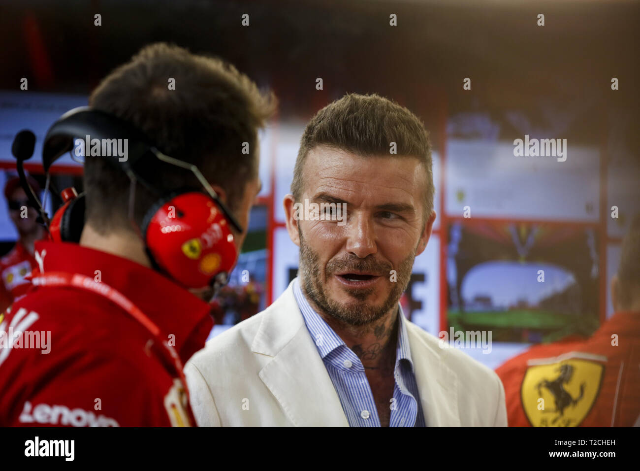 Sakhir, Bahrain. 31 Mar, 2019. DAVID BECKHAM è visto prima del 2019 Formula 1 Gran Premio del Bahrain al Circuito Internazionale del Bahrain sul circuito di Sakhir. Credito: James Gasperotti/ZUMA filo/Alamy Live News Foto Stock