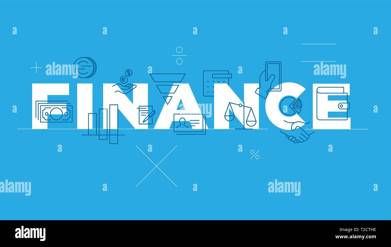 Finanze Parola concetto. Linea sottile icon set design piatto banner per il sito web mobile. Moderno vettore illustrazione. Sfondo blu Illustrazione Vettoriale