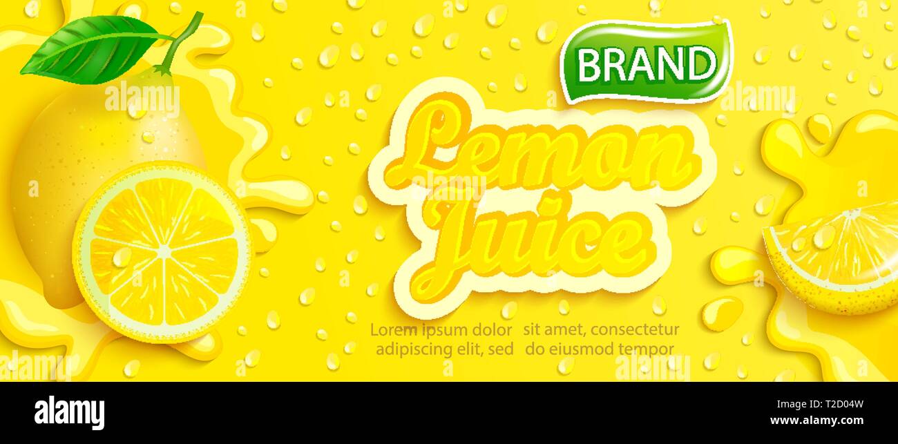 Succo di limone fresco splash banner con apteitic scende Illustrazione Vettoriale
