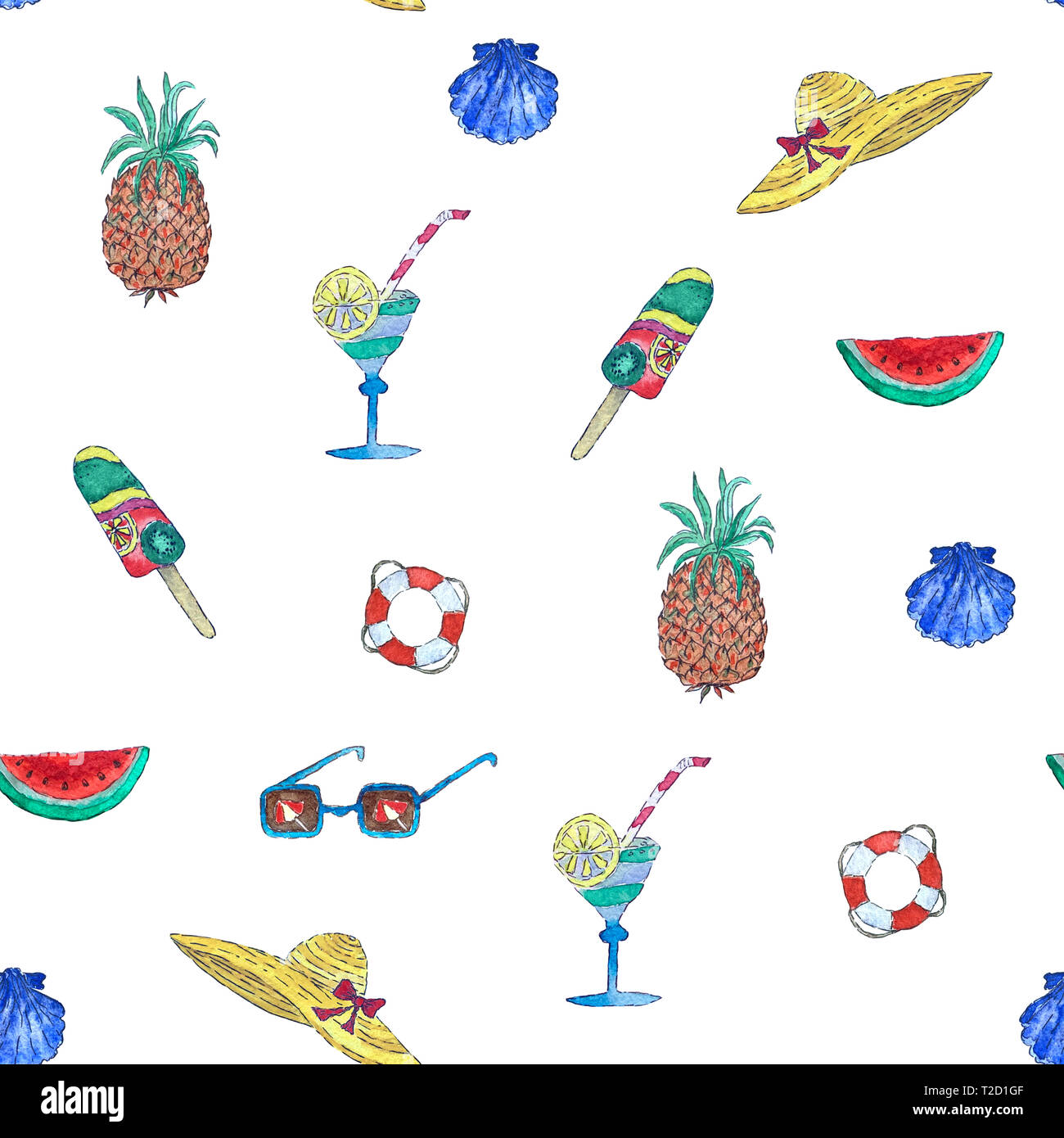 Acquerello seamless pattern elementi d'estate. Gli elementi isolati su sfondo bianco. Foto Stock