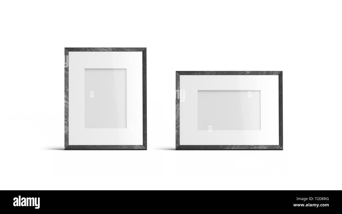 Vuoto tavola bianco photo frame verticale e orizzontale di mockup, isolato, rendering 3d. Vuota la fotografia del passato mock up, vista frontale. Cancellare decorazioni in legno per il modello con orientamento verticale. Foto Stock