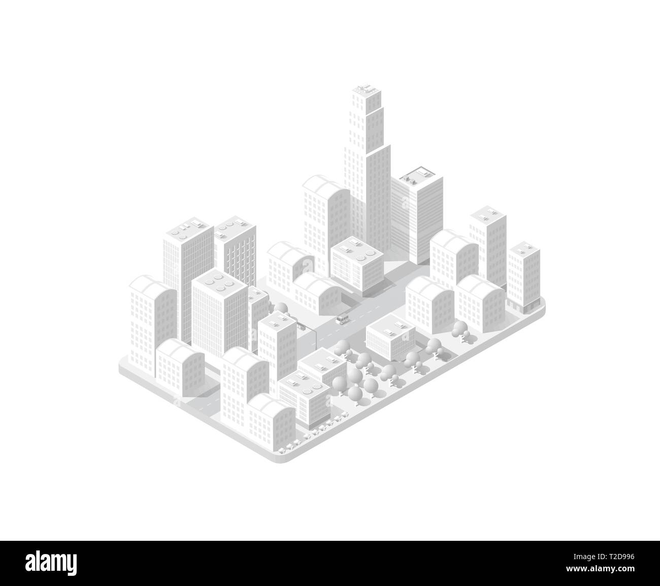 Mappa 3d della città sul design bianco street town edifici moderni casa urbana e grattacieli. Vettore illustrazione isometrica di tipo piatto per concept busin Illustrazione Vettoriale