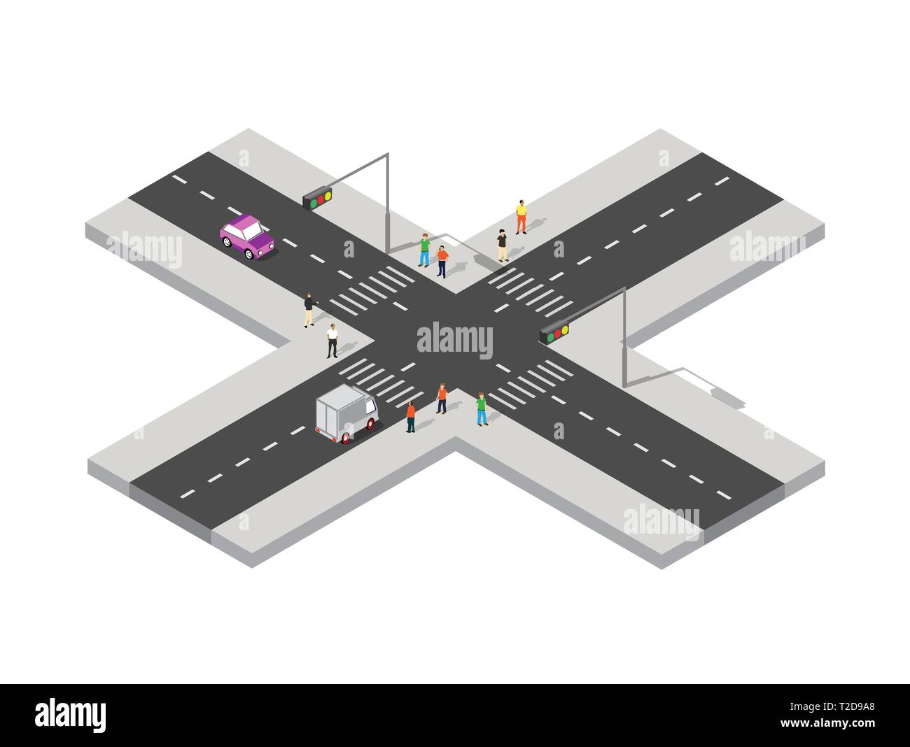 Prospettiva isometrica strada vista da sopra al quartiere della città dell'autostrada intersezione vetture di trasporto su strada del paesaggio urbano e con le persone, t Illustrazione Vettoriale