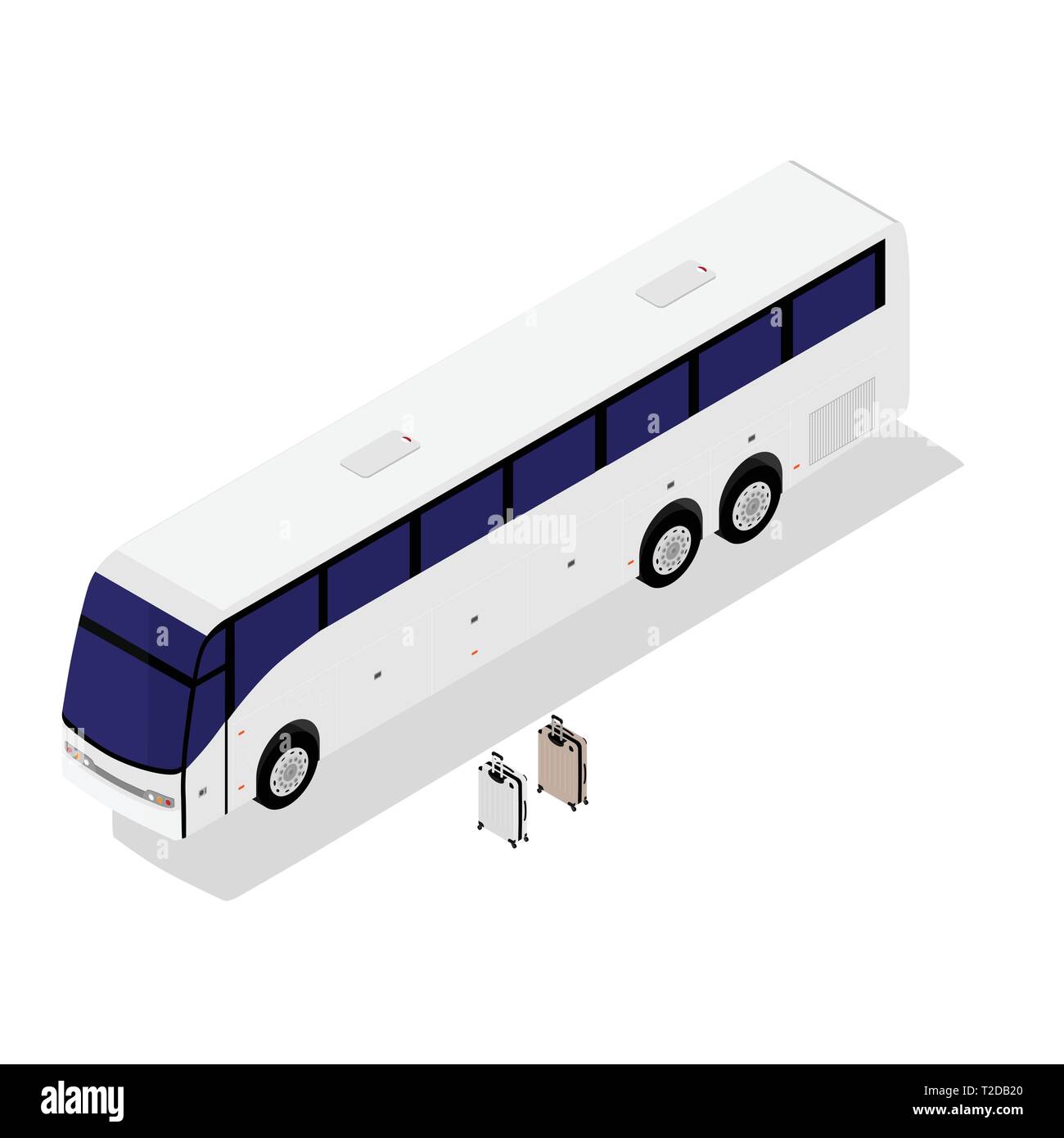 Isometrica viaggio bianco autobus, pullman e valigie da viaggio isolato su sfondo bianco. Illustrazione Vettoriale
