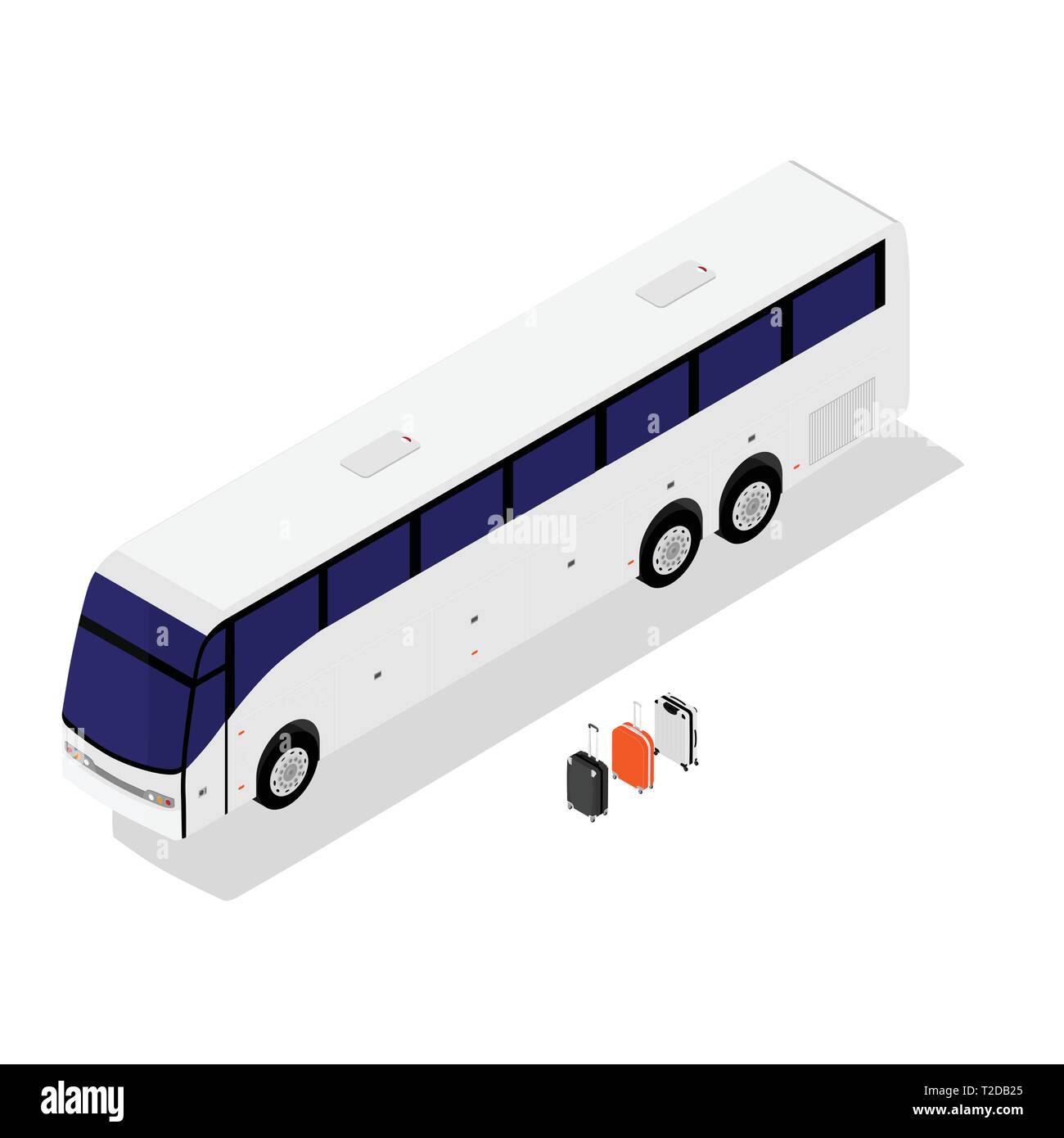 Isometrica viaggio bianco autobus, pullman e valigie da viaggio isolato su sfondo bianco. Illustrazione Vettoriale